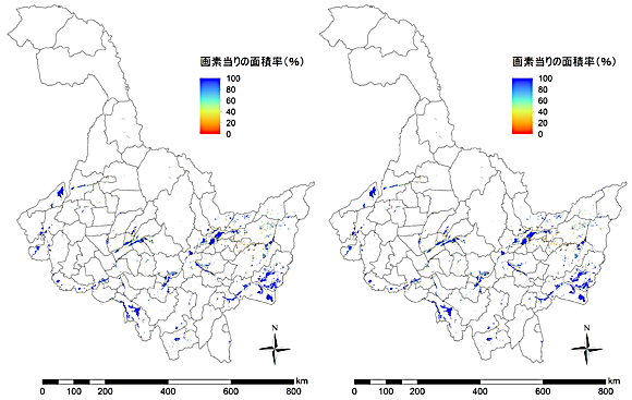 図１　MODISデータから算定した中国・黒竜江省における水稲作付分布
