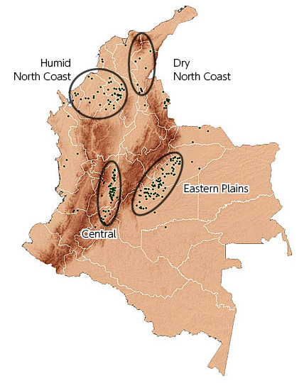 図１　コロンビアの４大稲作地帯